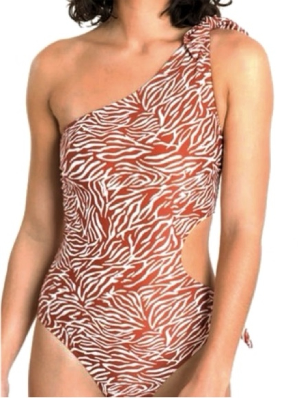 Tanya Taylor Swim One Shoulder Cutout One Piece Swimsuit Rust Zebra Print Size S
